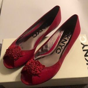 DKNYC Brandi Peep Toe Wedges Red